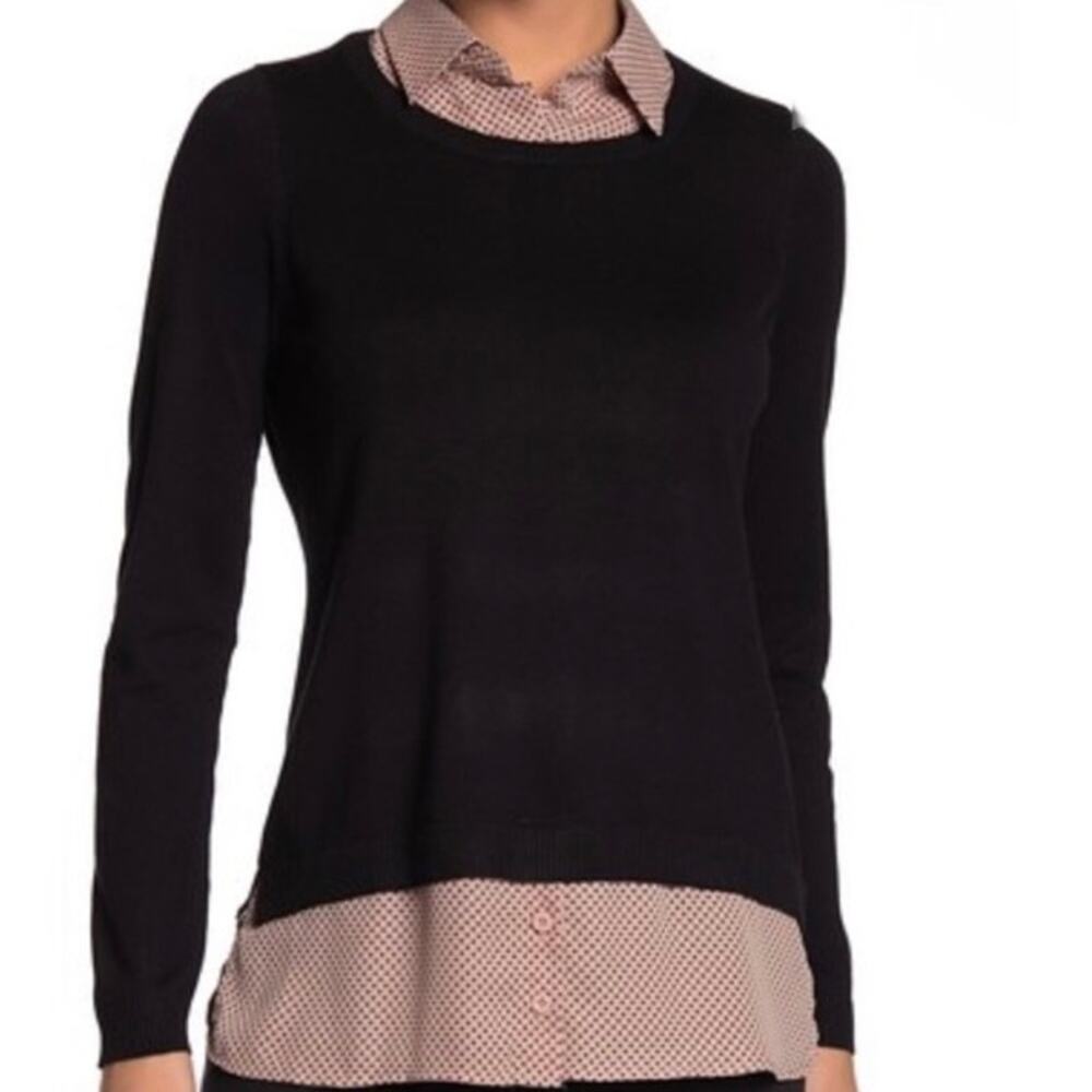 Adrianna Papell Pink Clip Dot Ruffle Neck Polka Dot Twofer Layered Sweater Small